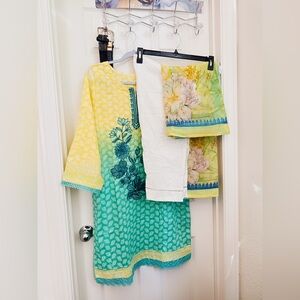 Yellow and Green ombre Floral Kurta Set 3 pc